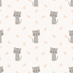 Wall Mural - Cute cat and flower seamless pattern.