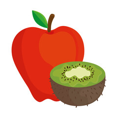 Sticker - fresh fruits, apple red and kiwi, in white background vector illustration design