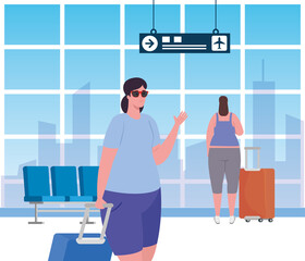 Sticker - young women in the airport terminal, passenger at airport terminal with baggages vector illustration design