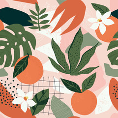 collage contemporary orange floral and abstract shapes seamless pattern set. modern exotic design fo