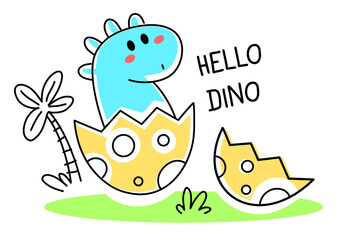 Wall Mural - Vector illustration of cute color dinosaur character hatched from an egg on white background.