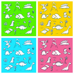 Wall Mural - Vector set of ancient world monochromatic illustration with different dinosaur character and volcano on color background.