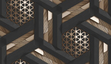 3D Wallpaper In The Form Of Imitation Of Decorative Mosaic Of Brown Metal, White Marble And Brown Wood Elements