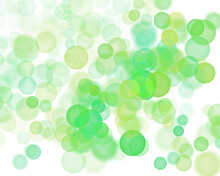 Abstract Background Green Bubbles, Ball Bubble Circle Illustration On White Copy Space. Fantasy Magic Backdrop With Bokeh Effect For Design