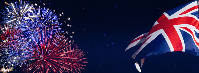 Wall Mural - fireworks, colorful sylvester-fireworks on blue background with sparks, flag of england