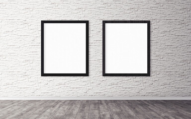 Two white posters with frame on wall. Mock up for you design preview. Good use for advertasing materials.