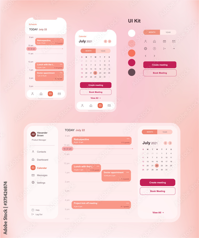 User interface kit with key screens of calendar application with web ...