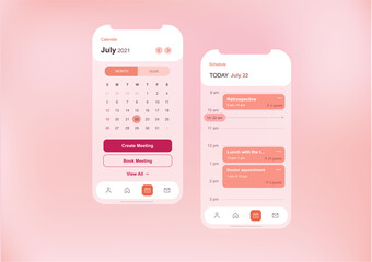User interface template for calendar and meeting schedule mobile application, light pink and white color scheme