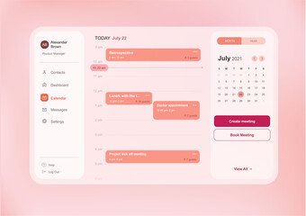 Modern web interface of calendar dashboard with time and meetings schedule and side menu, light pink color scheme