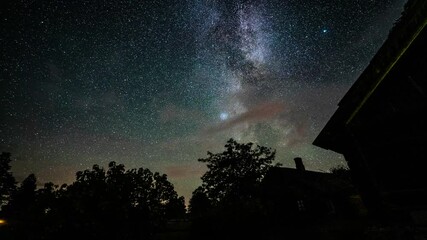 Wall Mural - Timelapse of stars and milkyway over the trees at night.  Beautiful timelapse of milkyway. Starfall.