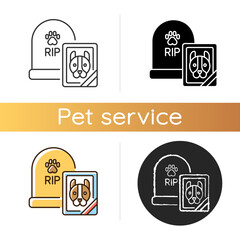 Wall Mural - Pet funeral service icon. Linear black and RGB color styles. Assistance with wake organization. Memorial services for domestic animals. Dog gravestone and photo isolated vector illustrations