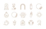 Fototapeta Boho - Boho doodle linear set. Magic mystic hand drawn simple logo icons with crystal eye sun moon, minimal fine line tattoo. Abstract vector collection