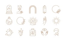 Boho Doodle Linear Set. Magic Mystic Hand Drawn Simple Logo Icons With Crystal Eye Sun Moon. Abstract Vector Illustration