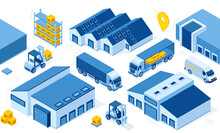 Warehouse Industry With Storage Buildings, Trucks, Forklift And Rack With Boxes. Vector Isometric Set Of Storehouse, Pallet, Lorry And Loader. Distribution Logistic And Cargo Delivery Concept