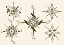 Collection Of Vintage Nautical Compass. Old Vector Design Elements For Marine Theme And Heraldry. Hand Drawn Wind Roses