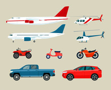 Set Of Different Transportation Vehicles. Vector Flat Illustration.