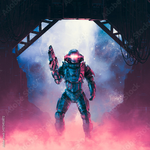 Obraz na plátně Cyberpunk soldier airlock / 3D illustration of science fiction military robot wa