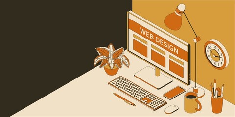 Isometric work place in web design studio with computer, smartphone, clock and lamp