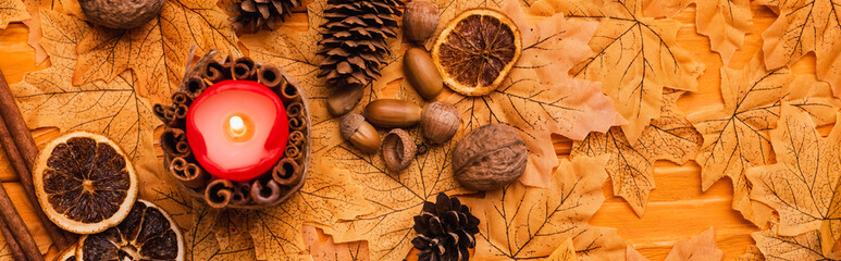 Wall Mural - top view of burning candle with autumnal brown decoration on golden foliage, panoramic shot