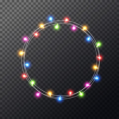 Wall Mural - Christmas color lights wreath. Glowing colorful xmas garland. Merry Christmas luxury frame. Holiday design for greeting card, banner, poster, invitation. Vector illustration