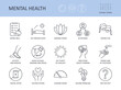 Icons 15 top tips for good mental health. Editable stroke. Get enough sleep eating well. Avoid alcohol, smoking manage stress. Activity and exercise sociability taking care of your body digital detox