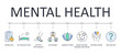 Vector banner 8 tips for good mental health. Editable stroke icons. Get enough sleep eating well. Avoid alcohol, smoking and drugs manage stress. Activity and exercise be sociable helping others