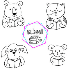 a set of doodles coloring portraits of animals that read books, study at school, contour drawings isolated on a white background