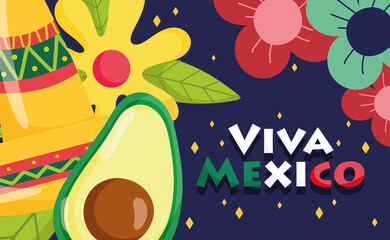 Canvas Print - mexican independence day, avocado hat flowers ornament, viva mexico is celebrated on september