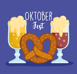 oktoberfest festival, beers with foam and pretzel food, celebration germany traditional