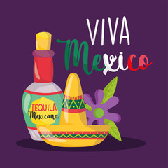 Canvas Print - mexican independence day, tequila bottle drink hat and flower, viva mexico is celebrated on september