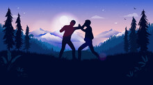 Fight Outside - Two Men Fighting Outdoors In Cold Weather While Sun Is Going Down. Anger And Violence Concept. Vector Illustration.