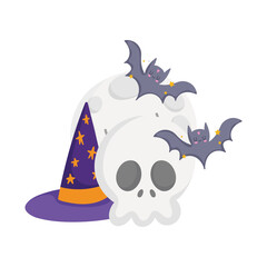 Sticker - happy halloween, skull moon bats and hat cartoon, trick or treat party celebration