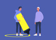 A character drawing a line around themselves with a neon yellow highlighter, a virus spread prevention, personal boundaries