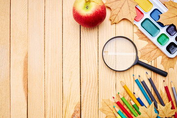 Wall Mural - back to school concept. education and study stationery on a wooden desk. above view. decorated with yellow maple leaves