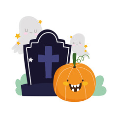 Sticker - happy halloween, tombstone pumpkins and trick or treat party celebration