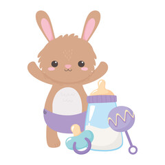 Sticker - baby shower, little rabbit with milk bottle rattle and pacifier, celebration welcome newborn