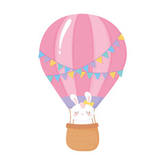 Canvas Print - baby shower, cute rabbit in the air balloon, celebration welcome newborn