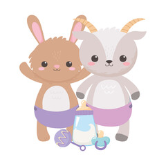 Sticker - baby shower, cute rabbit goat with pacifier rattle and bottle milk, celebration welcome newborn