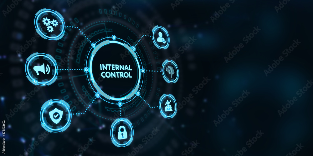 Businessman presses button internal control on virtual screens ...