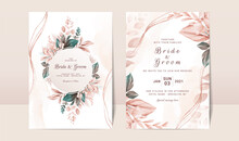 Floral Wedding Invitation Template Set With Elegant Brown Leaves Decoration. Botanic Card Design Concept