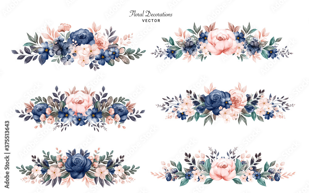 Set of watercolor floral frame bouquets of navy and peach roses and leaves. Botanic decoration illustration for wedding card, fabric, and logo composition - obrazy, fototapety, plakaty 