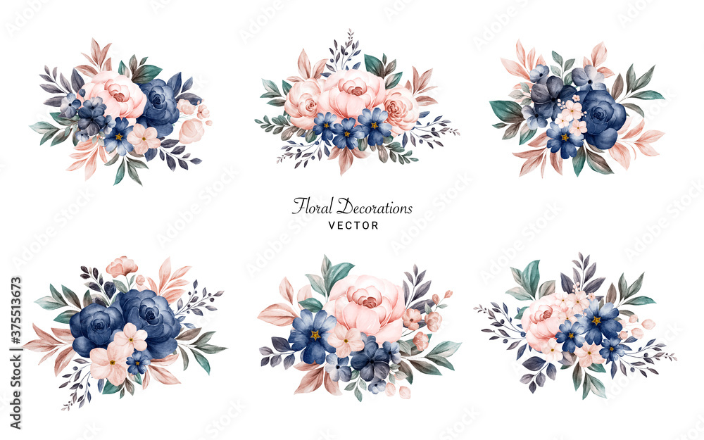 Set of watercolor floral frame bouquets of navy and peach roses and ...