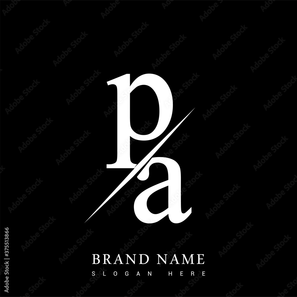 initial logo letter PA for company name black and white color and slash ...
