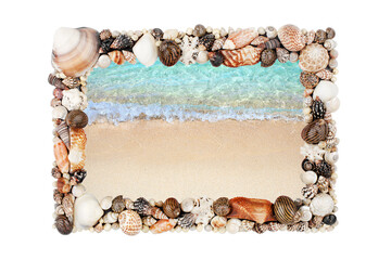 Canvas Print - Sea shells frame white background isolated closeup seashells border, blue wave texture, sand beach, turquoise ocean water, summer holidays postcard, tropical island vacation, travel banner, copy space