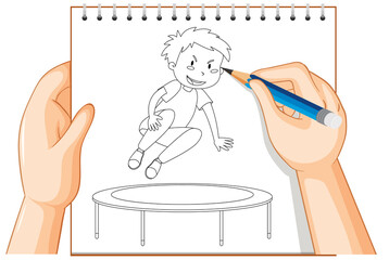 Sticker - Hand writing of boy jumping on trampoline outline