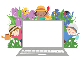 Sticker - Kids Gardeners Laptop Flowers Insects Illustration