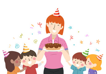 Poster - Kids Girl Teacher Birthday Cake Illustration