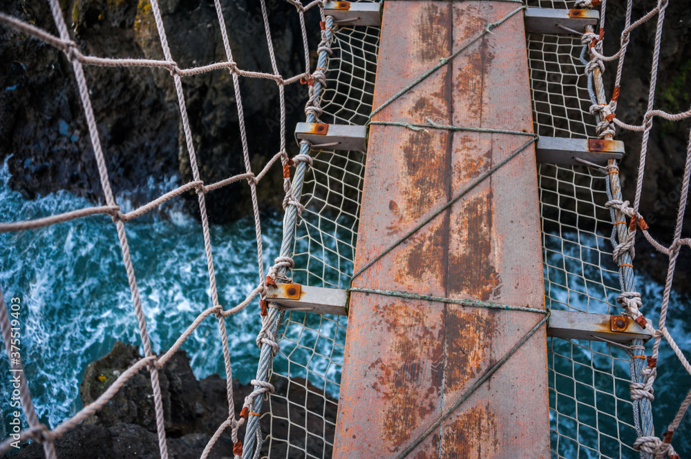 the Carrick-a-Rede Rope Bridge in County Antrim top down view on rocks ...