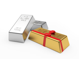 Gift gold bar and silver bars isolated on white background. 3D illustration