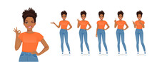 African Young Woman In Casual Style Clothes Set Different Gestures Isolated Vector Illustration